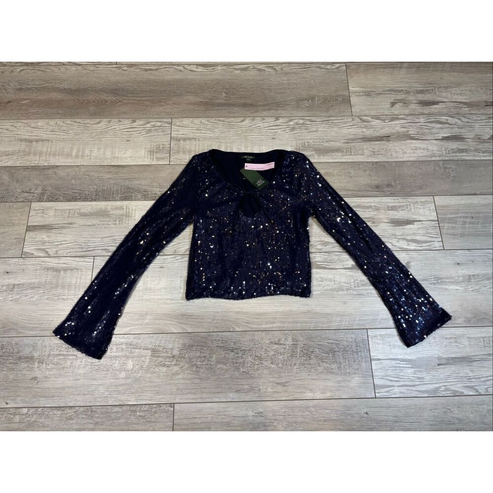 Wild Fable sequin holiday bell sleeve semi crop top elegant bling navy blue blou